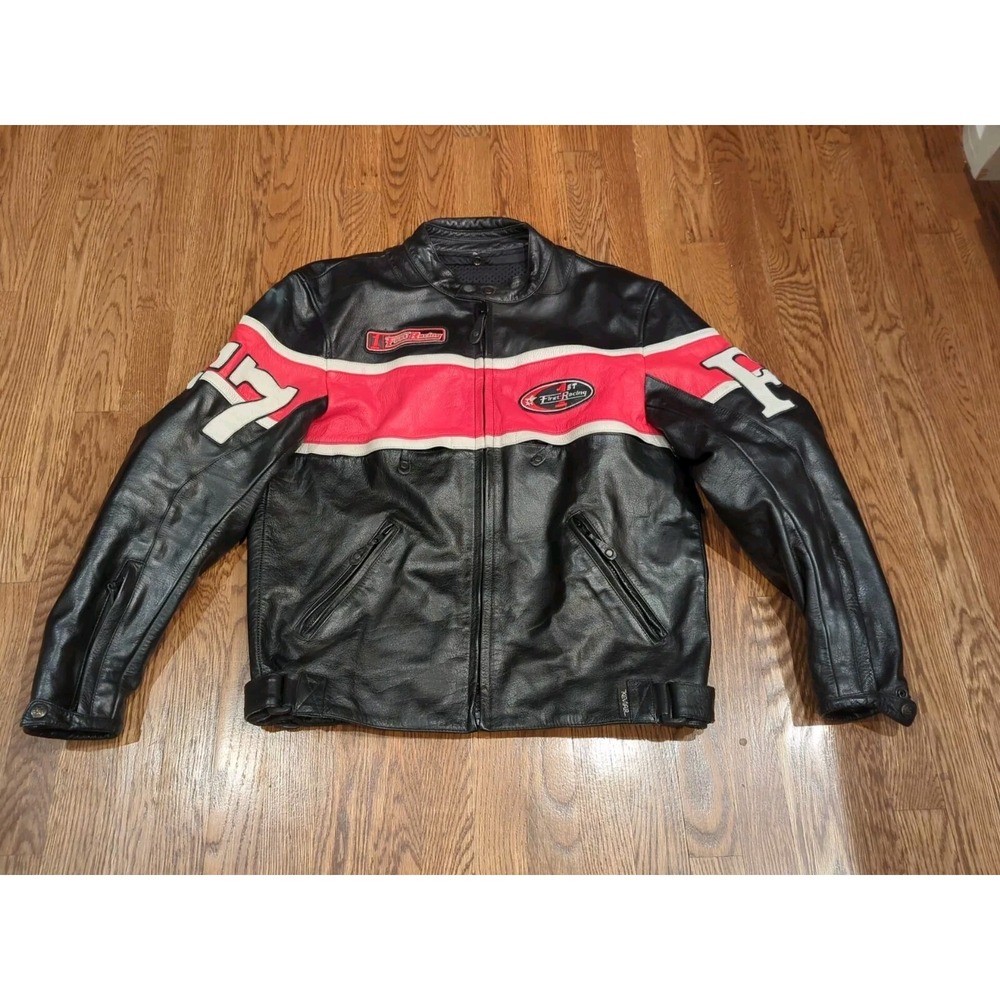 First Racing Red & Black Leather Motorcycle Jacket Size L